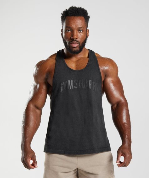 Men's Gymshark Power Washed Stringer Tanks Black | NZ 1XNDJZ